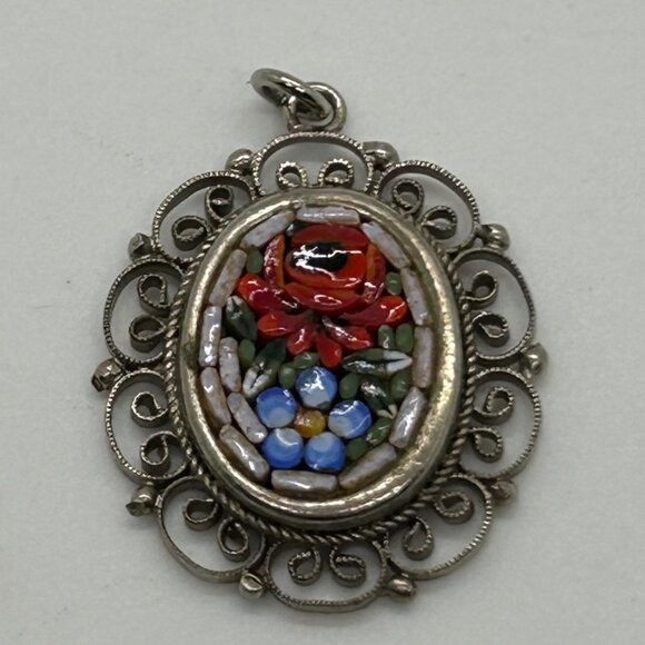 Vintage Italian Micro Mosaic Oval Pendant With Filigree Detailing Floral Design - Picture 1 of 14